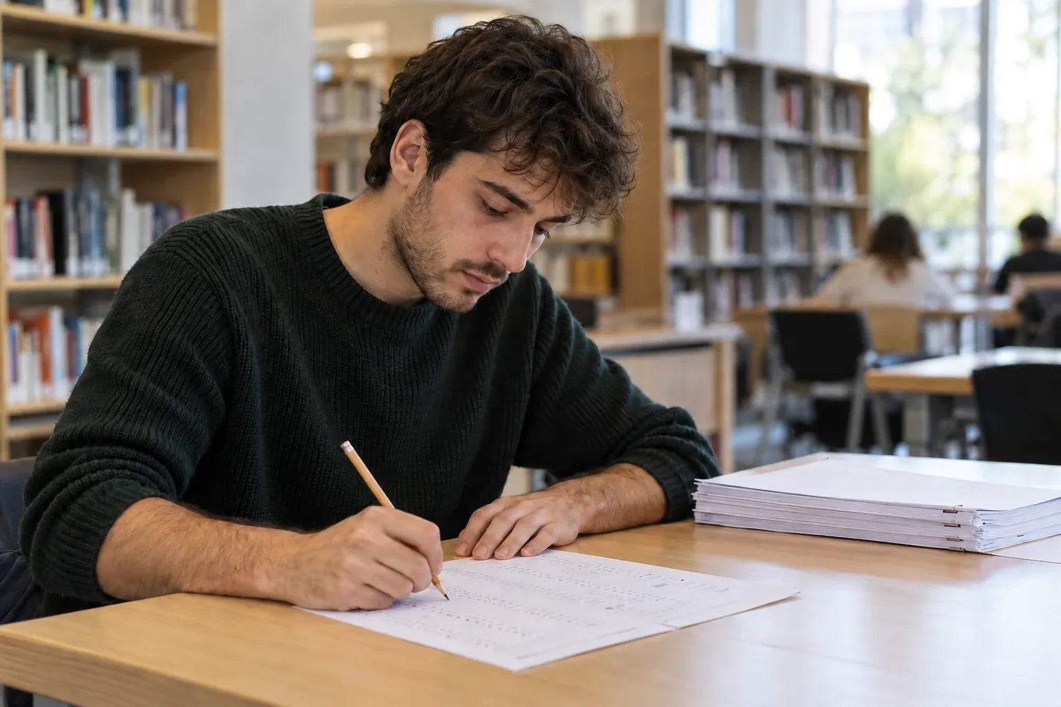 Un opositor contesta un test a lápiz en la mesa de una biblioteca (imagen generada con IA)